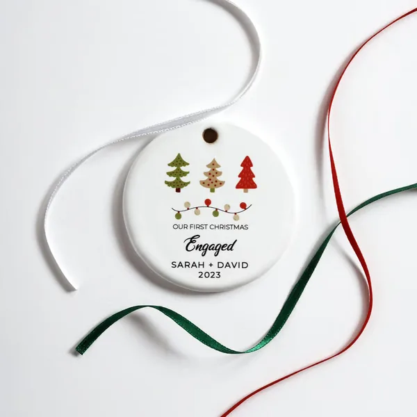 A ceramic ornament with a personalized printed design.