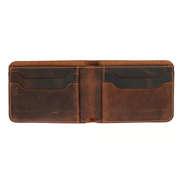 An open brown leather wallet.