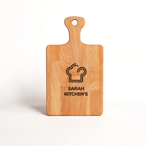 A wooden cutting board with a personalized design.