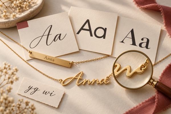 Illustration of font samples, an engraved bar necklace and a cut name pendant with a letter connection under a magnifier.