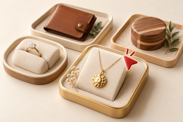 Illustration of jewelry, leather and wooden products with one item selected.