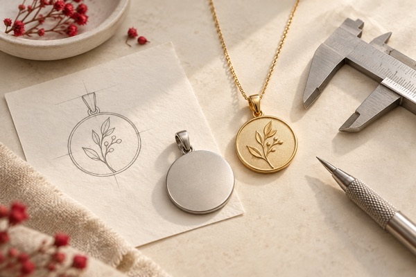 Concept illustration of a pendant sketch, a blank and a finished jewelry design.