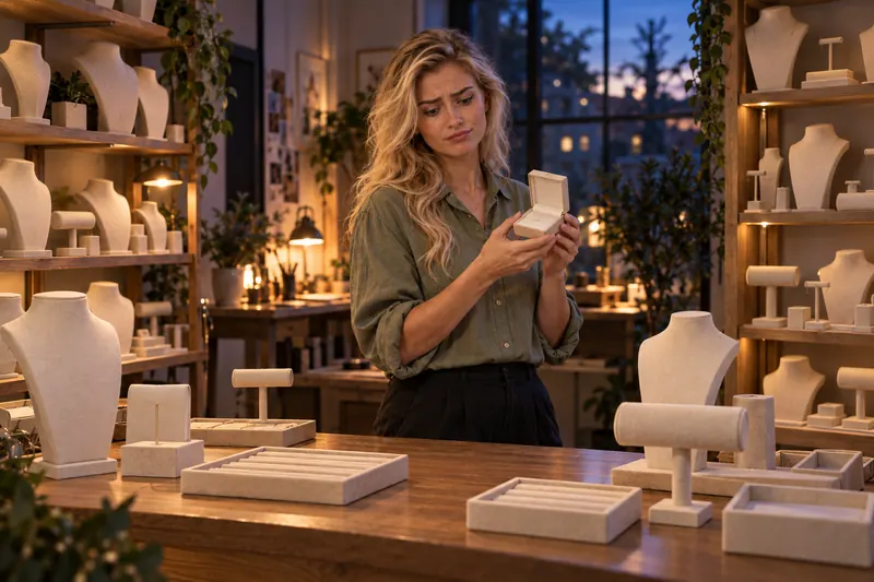 A seller holds an empty box; the jewelry displays around her are empty too.