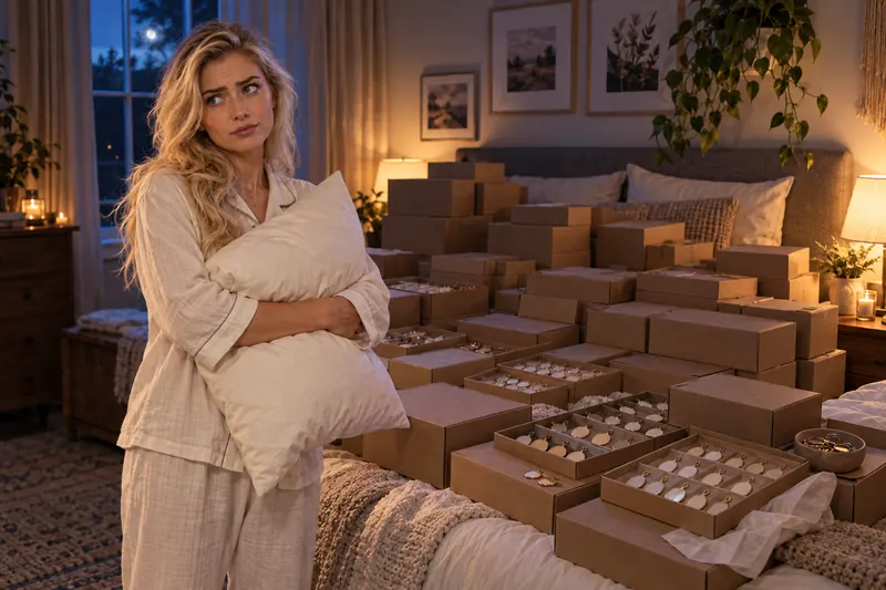Holding her pillow, the seller looks at a bed covered in boxes and products waiting to be personalized.
